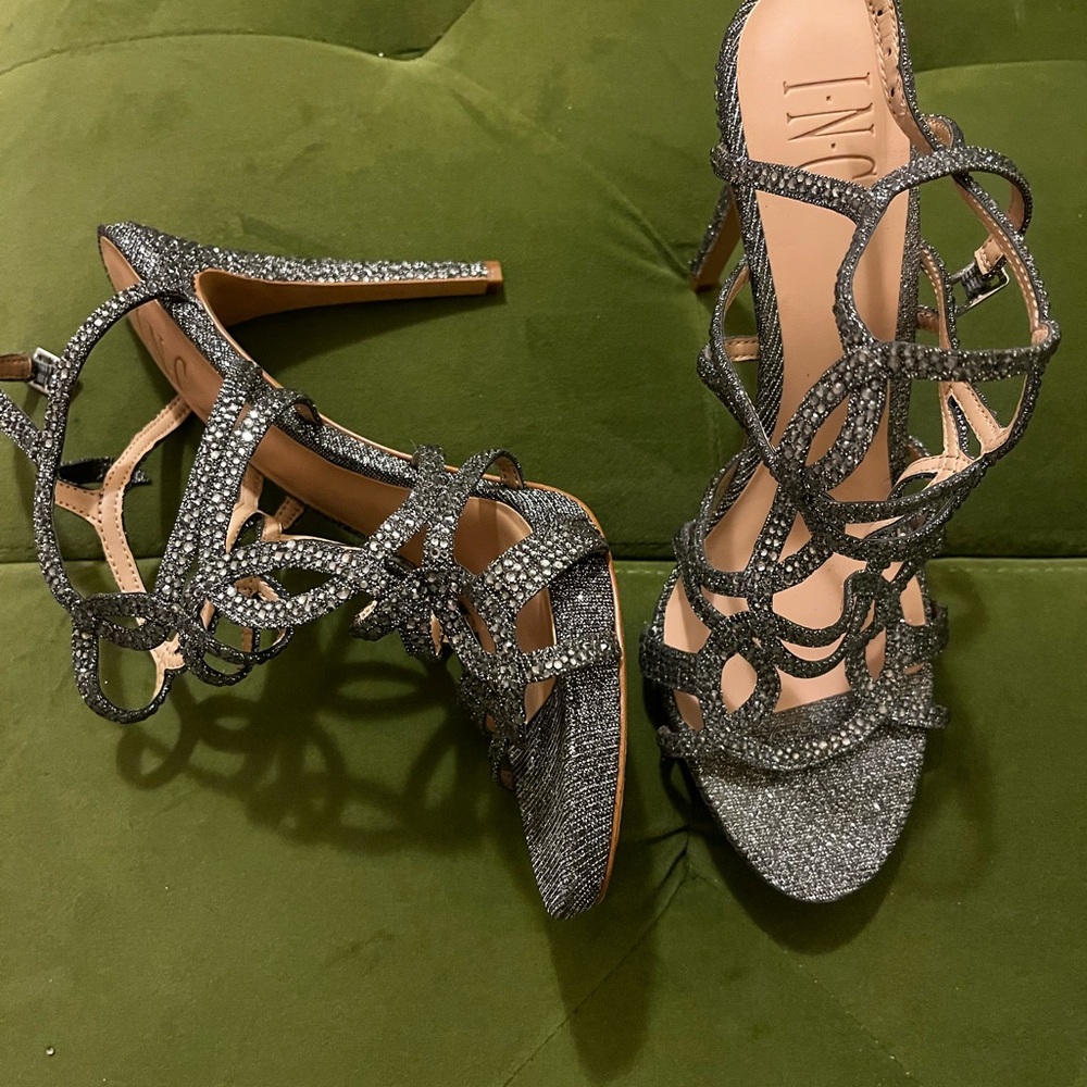 INC International Concepts Silver Glitter Strappy Stiletto Sandals